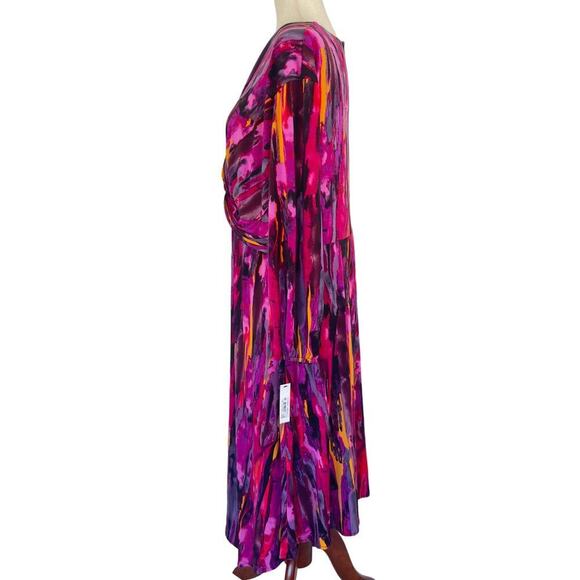 MAGGY LONDON TWIST FRONT ASYMMETRIC HEM MIDI DRESS IN BERRY MULTI NWT SIZE 14W - Picture 9 of 16